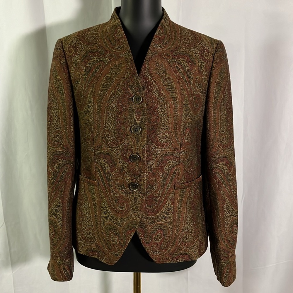 Brooks Brothers Paisley Print Collarless Button Front Wool Blazer